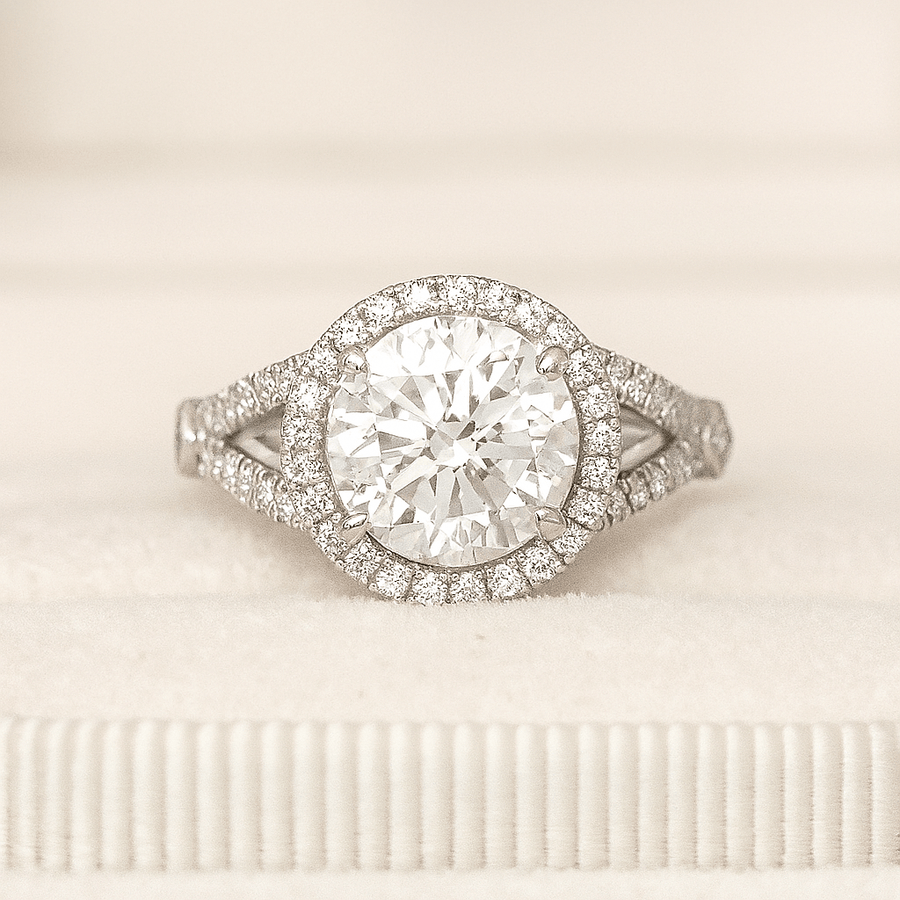 Heavenly Split – 1.5 ct Moissanite Halo Ring with Split Pavé Band in Sterling, Gold or Platinum - Jewel Eternal