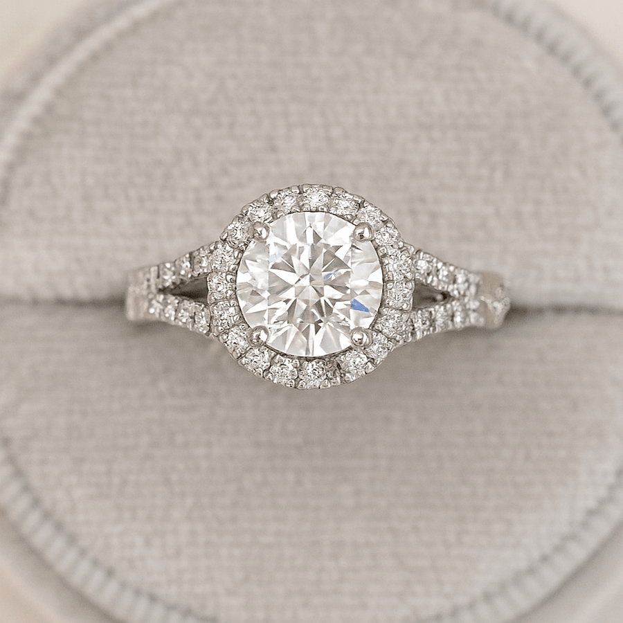 Heavenly Split – 1.5 ct Moissanite Halo Ring with Split Pavé Band in Sterling, Gold or Platinum - Jewel Eternal