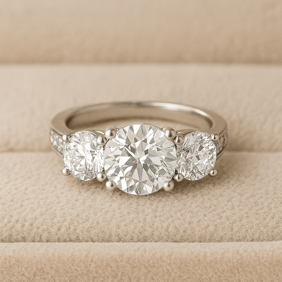 Hidden Dreams – 3.5 tcw Moissanite Three - Stone Ring with Channel Pavé in Sterling, Gold or Platinum - Jewel Eternal