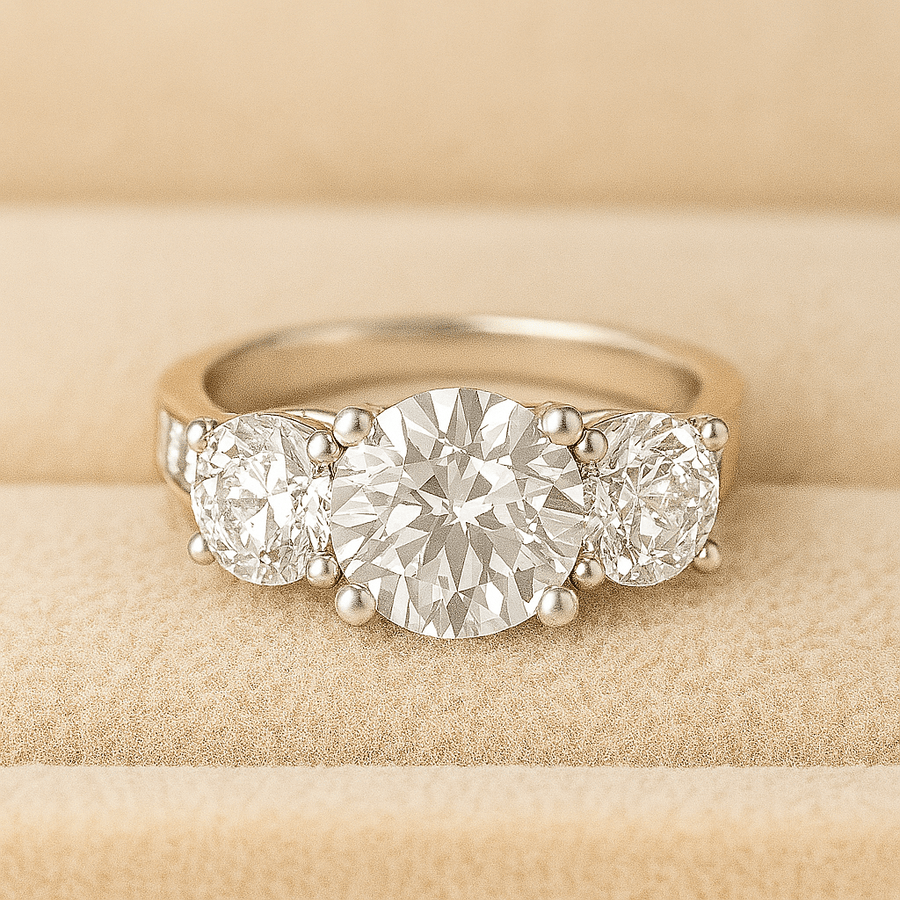 Hidden Dreams – 3.5 tcw Moissanite Three - Stone Ring with Channel Pavé in Sterling, Gold or Platinum - Jewel Eternal