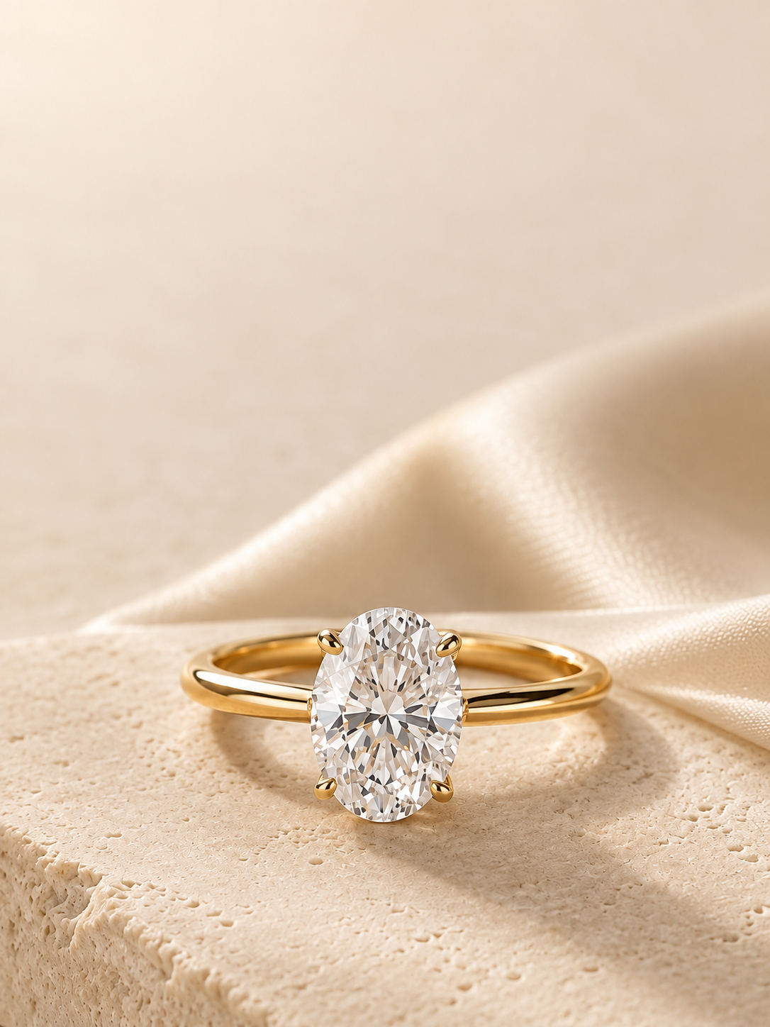 Oval solitaire ring on ivory linen