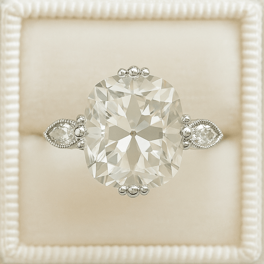 Light Night – 4.5ct Old European Cut Scroll Moissanite Ring with Side Stones in Sterling, Gold or Platinum - Jewel Eternal