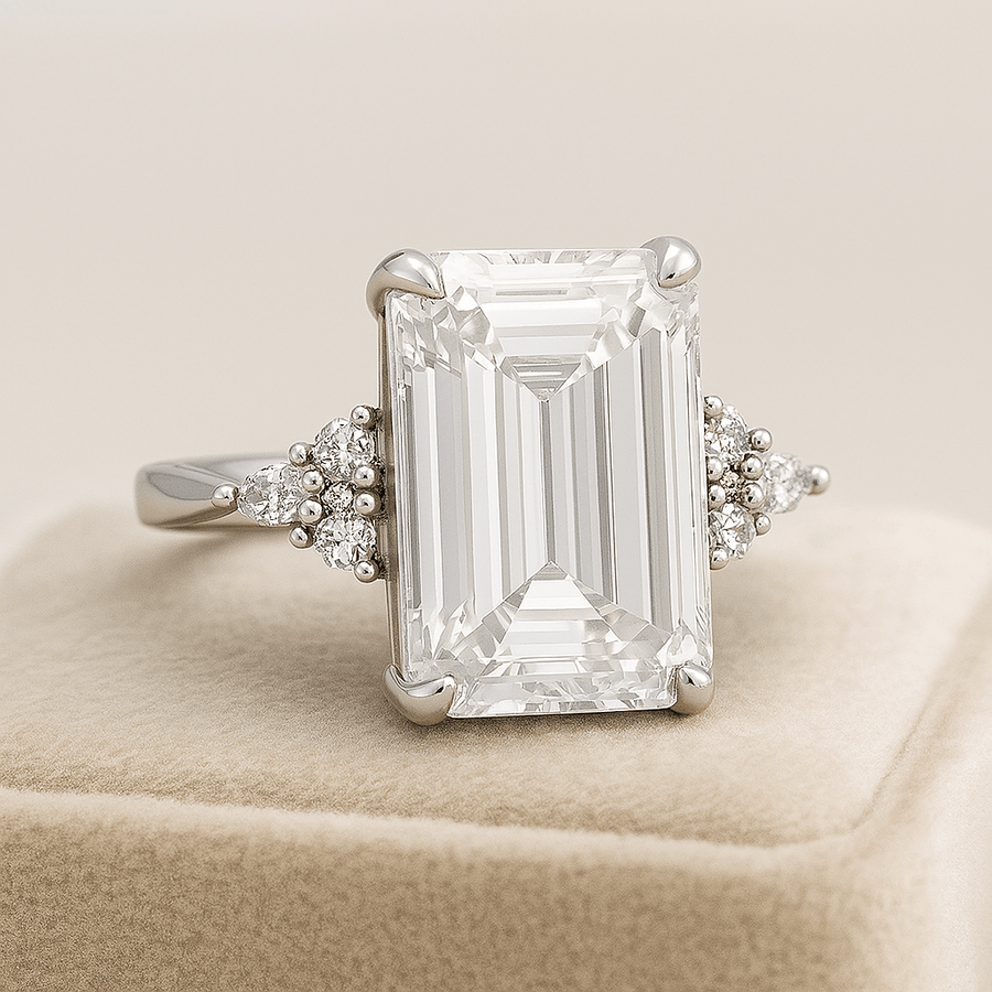 Olive Angel – Emerald Cut Moissanite Leaf Ring in Sterling, Gold or Platinum - Jewel Eternal