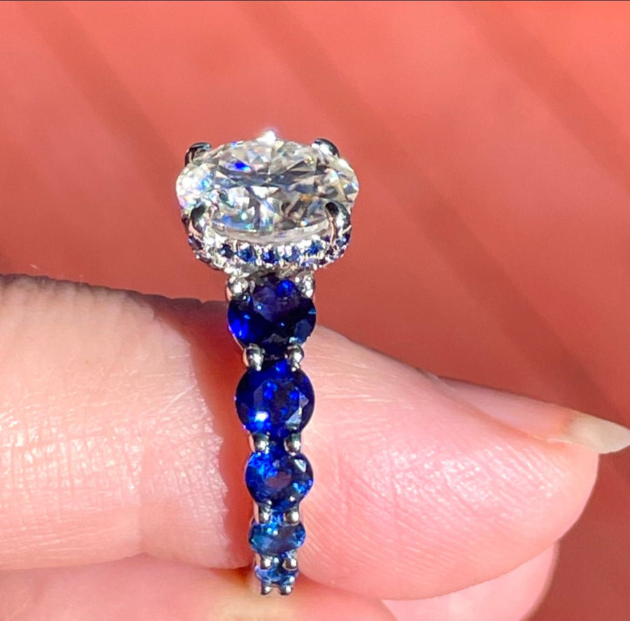 Sapphire Dreams – Oval Moissanite Ring with Sapphire Side Accents in Sterling, Gold or Platinum - Jewel Eternal