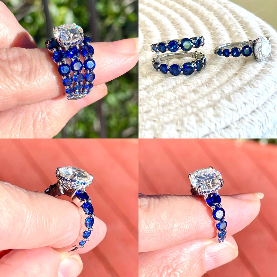 Sapphire Dreams – Oval Moissanite Ring with Sapphire Side Accents in Sterling, Gold or Platinum - Jewel Eternal