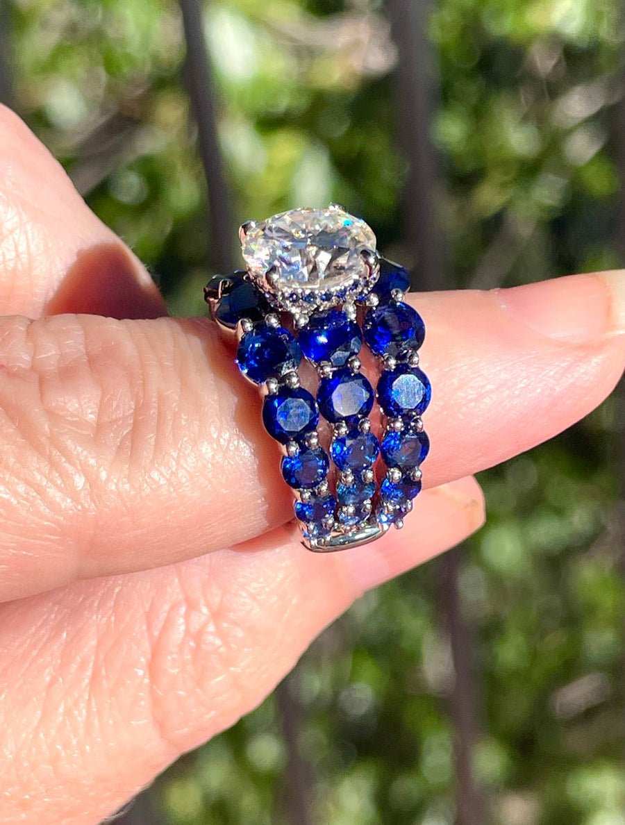 Sapphire Dreams – Oval Moissanite Ring with Sapphire Side Accents in Sterling, Gold or Platinum - Jewel Eternal