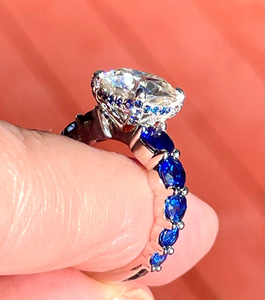Sapphire Dreams – Oval Moissanite Ring with Sapphire Side Accents in Sterling, Gold or Platinum - Jewel Eternal