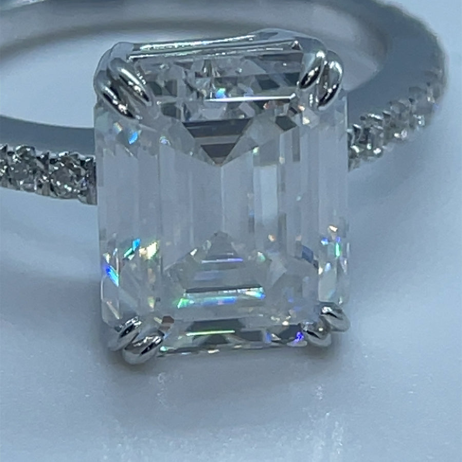 Solitaire 8ct Emerald cut Moissanite Ring - Emerald Classic with Pave | Jewel Eternal