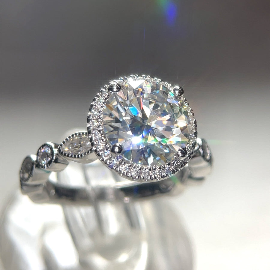 Halo with Art Deco Band – 3 ct Moissanite Halo Ring with Marquise and Round Accents in Sterling, Gold or Platinum - Jewel Eternal