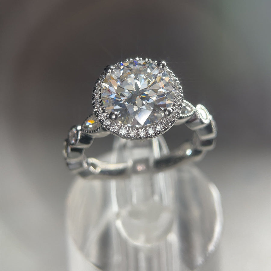 Halo with Art Deco Band – 3 ct Moissanite Halo Ring with Marquise and Round Accents in Sterling, Gold or Platinum - Jewel Eternal