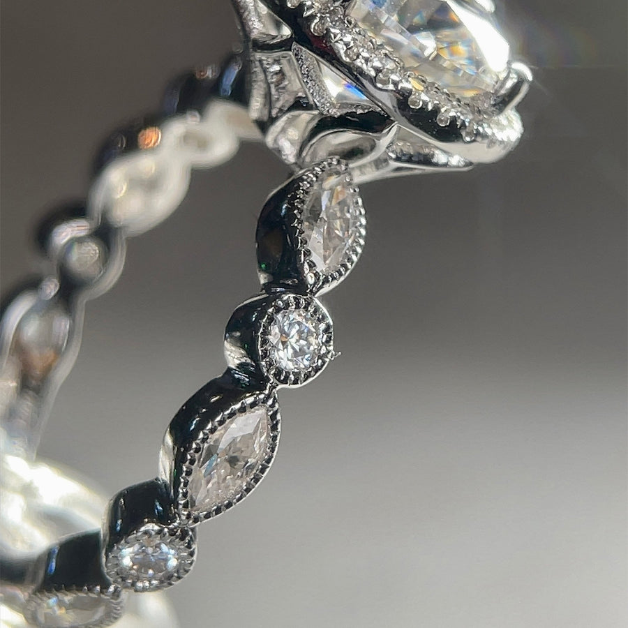 Halo with Art Deco Band – 3 ct Moissanite Halo Ring with Marquise and Round Accents in Sterling, Gold or Platinum - Jewel Eternal