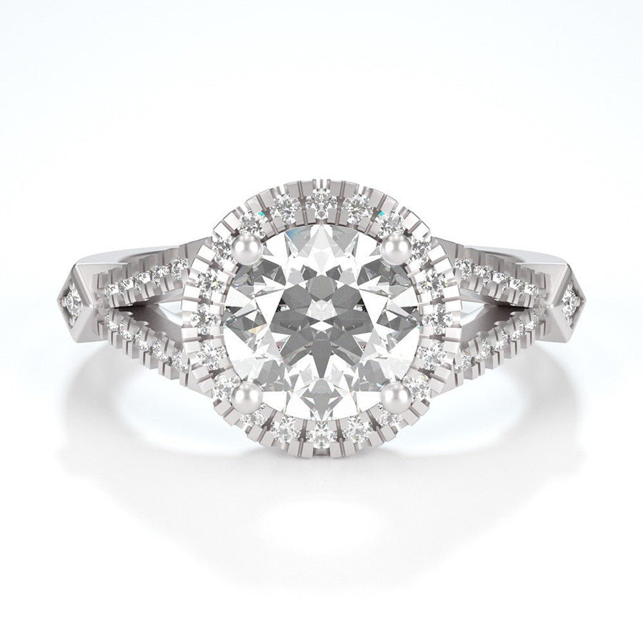 Heavenly Split – 1.5 ct Moissanite Halo Ring with Split Pavé Band in Sterling, Gold or Platinum - Jewel Eternal