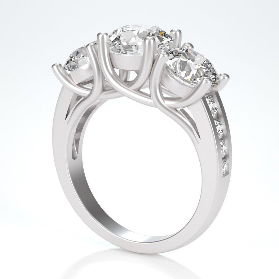 Hidden Dreams – 3.5 tcw Moissanite Three - Stone Ring with Channel Pavé in Sterling, Gold or Platinum - Jewel Eternal