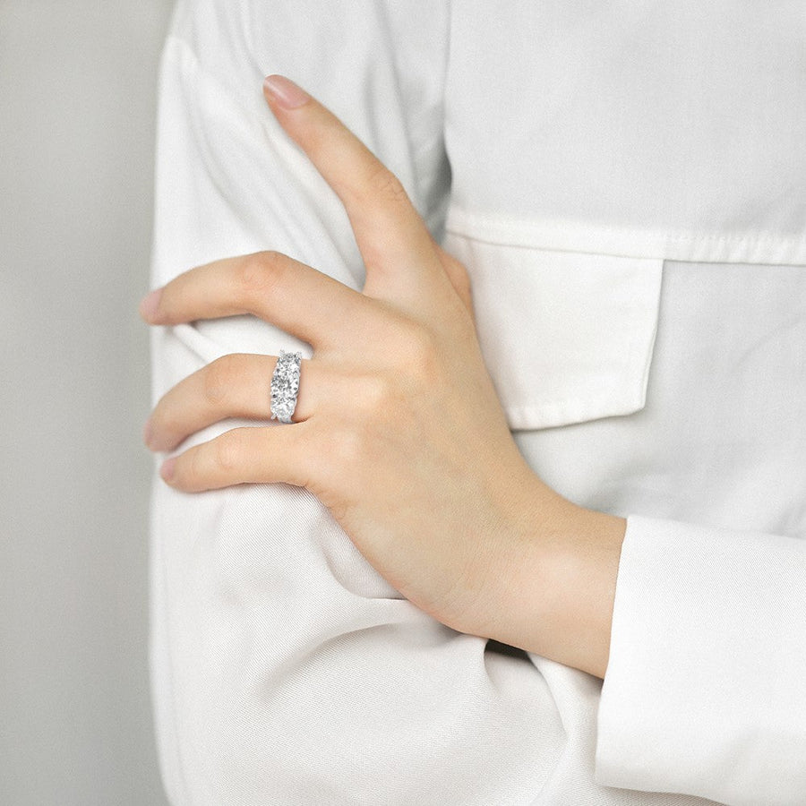 Hidden Dreams – 3.5 tcw Moissanite Three - Stone Ring with Channel Pavé in Sterling, Gold or Platinum - Jewel Eternal