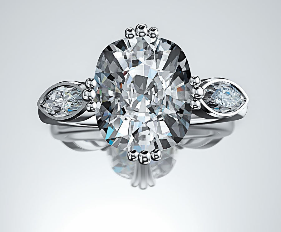 Light Night – 4.5ct Old European Cut Scroll Moissanite Ring with Side Stones in Sterling, Gold or Platinum - Jewel Eternal