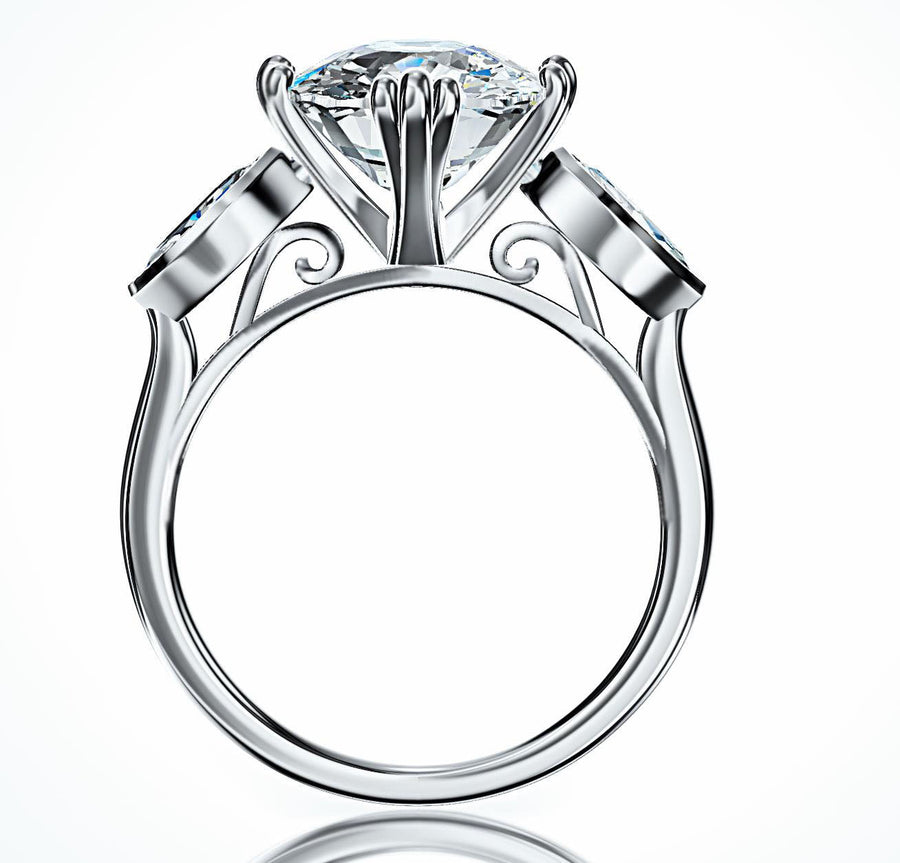 Light Night – 4.5ct Old European Cut Scroll Moissanite Ring with Side Stones in Sterling, Gold or Platinum - Jewel Eternal
