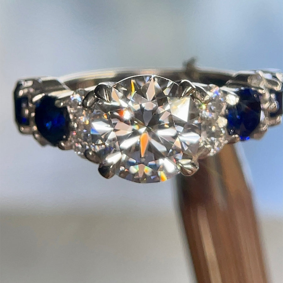 Velvet Moissanite – 3 ct Crushed - Ice Moissanite Ring with Sapphire Accents in Sterling, Gold or Platinum - Jewel Eternal